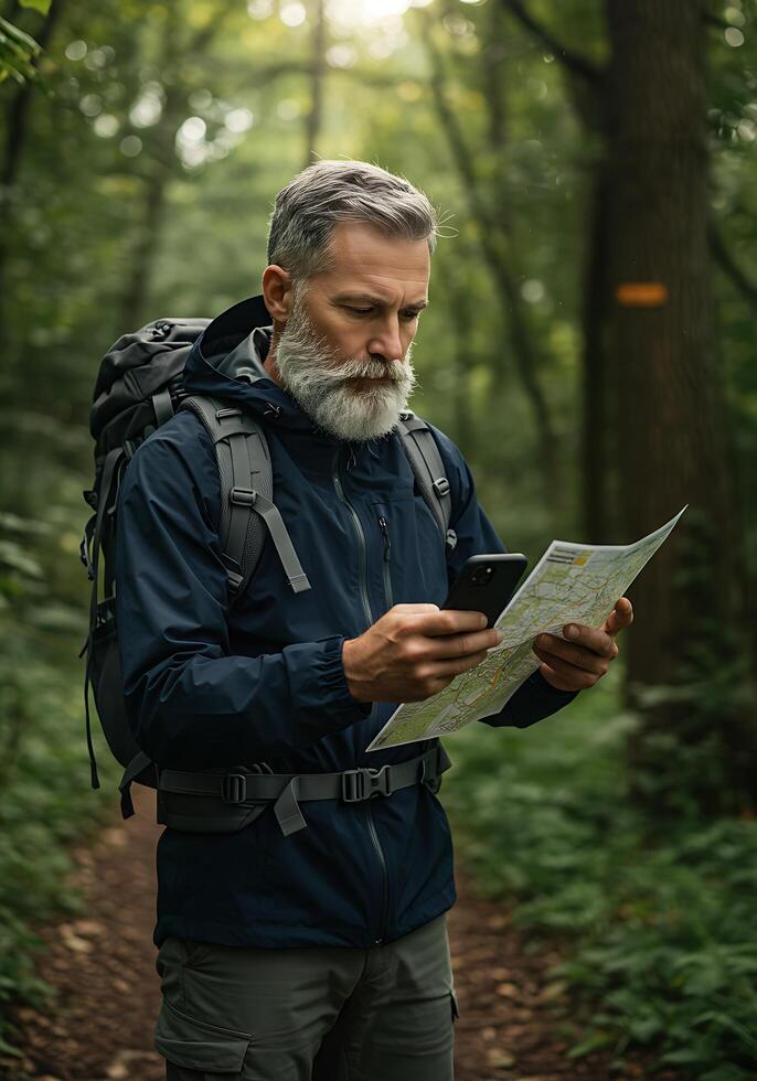 A man with a beard and backpack is looking at a map photo