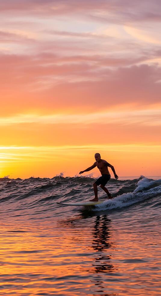 A man riding a surfboard in the ocean at sunset photo