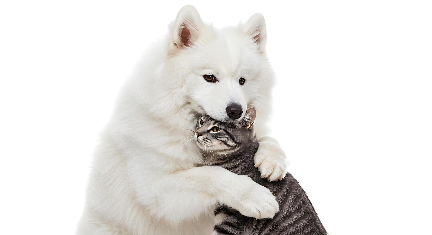 A white dog and a black cat hugging each other photo