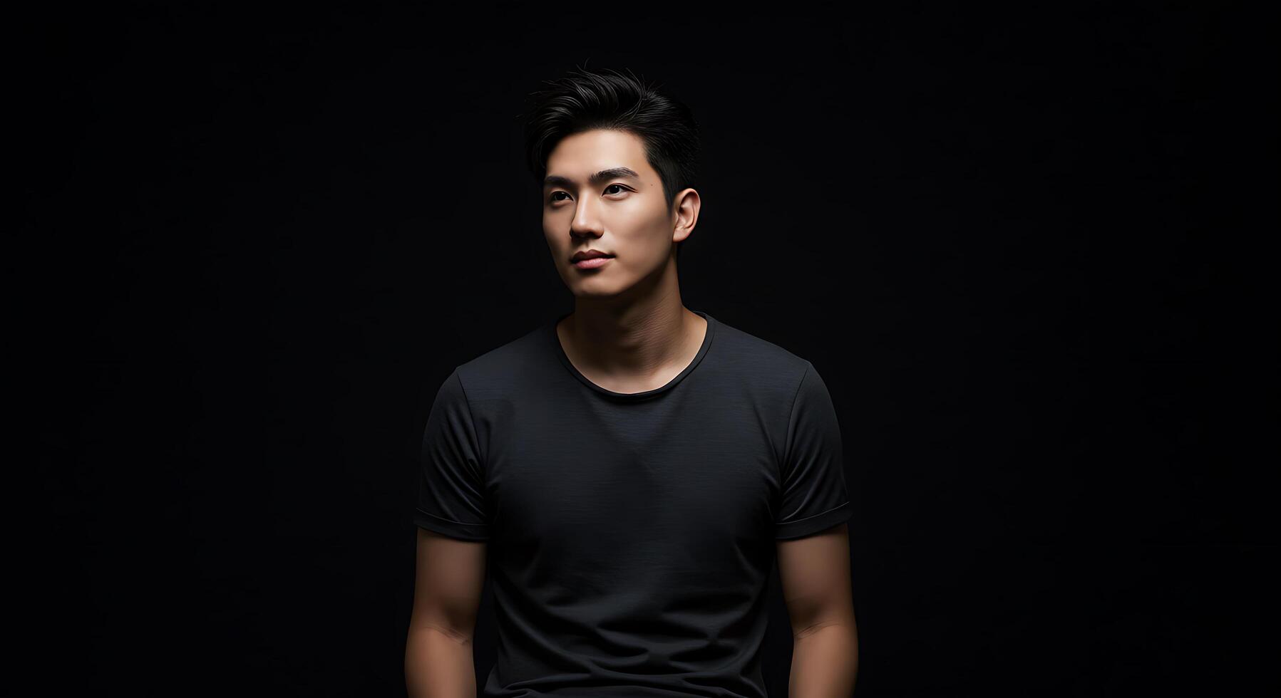 A man in a black t - shirt sitting on a black background photo
