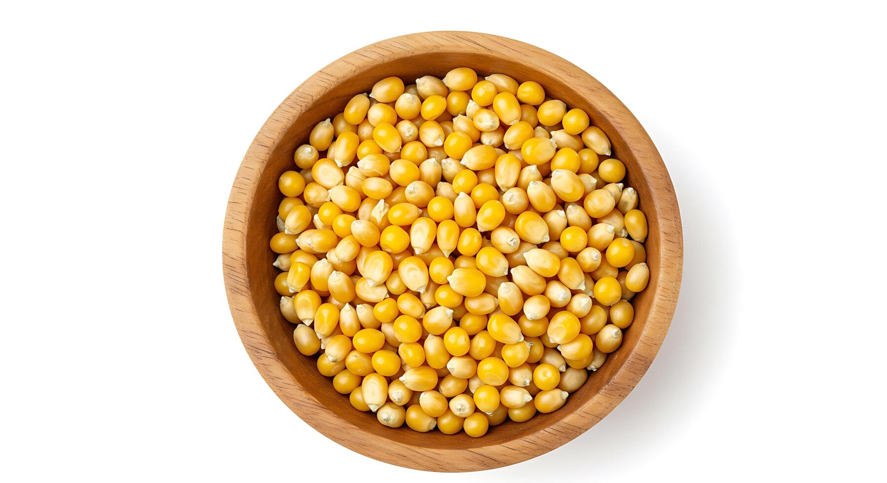 A wooden bowl full of yellow corn on a white background photo
