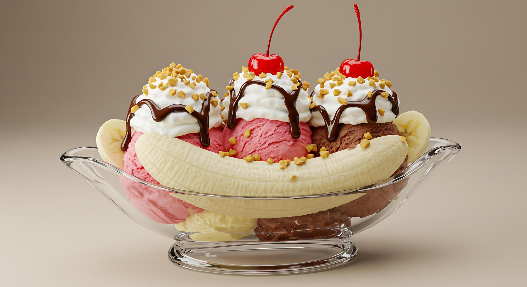 A glass bowl with a banana split photo