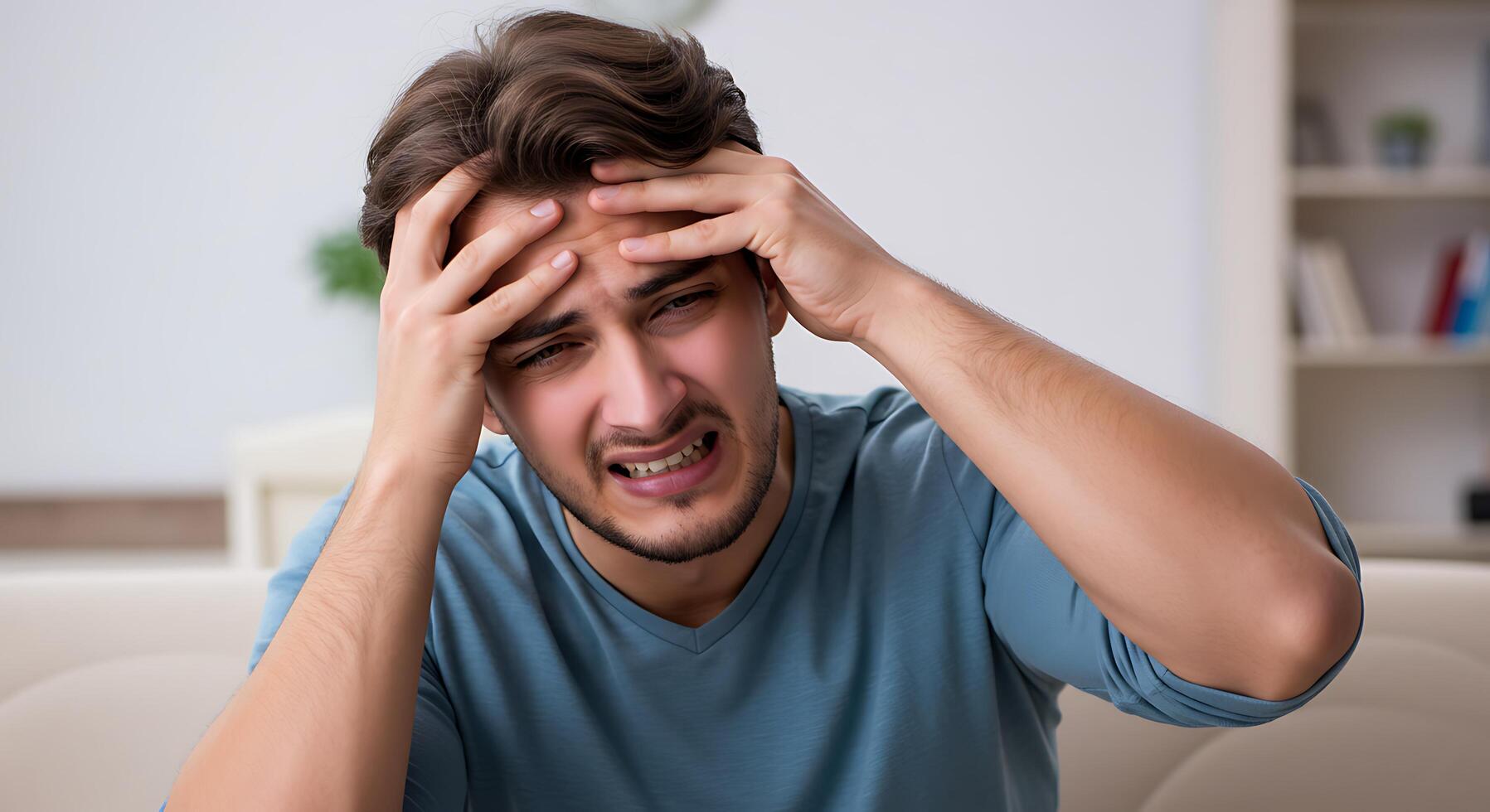 A man is holding his head in pain photo