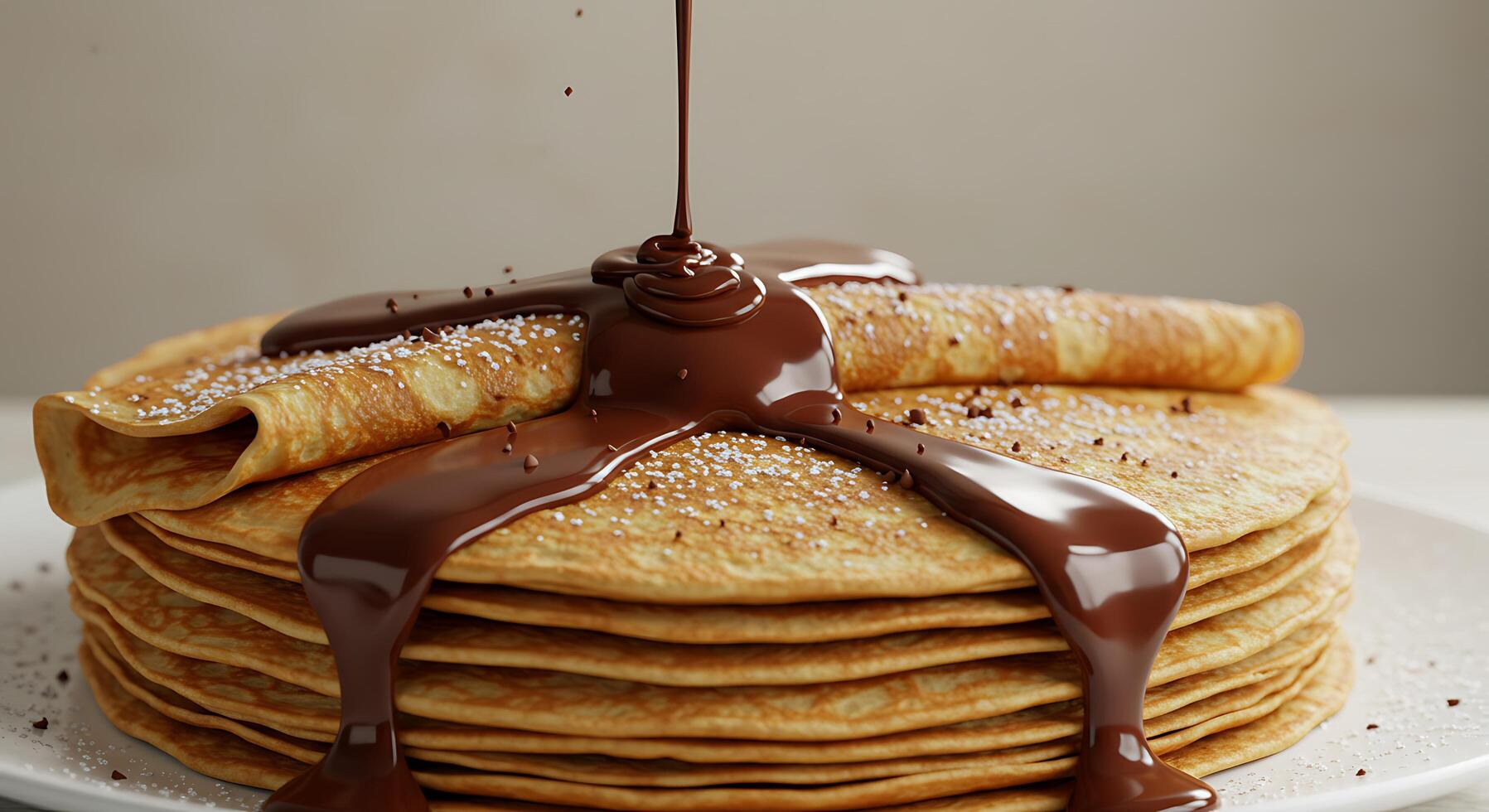 A stack of pancakes with chocolate syrup and powdered sugar photo