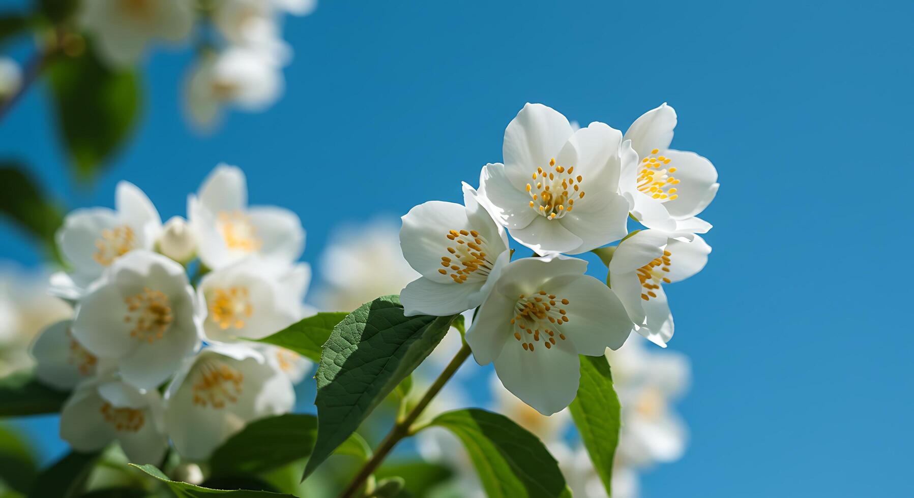 White flowers with green leaves and blue sky photo