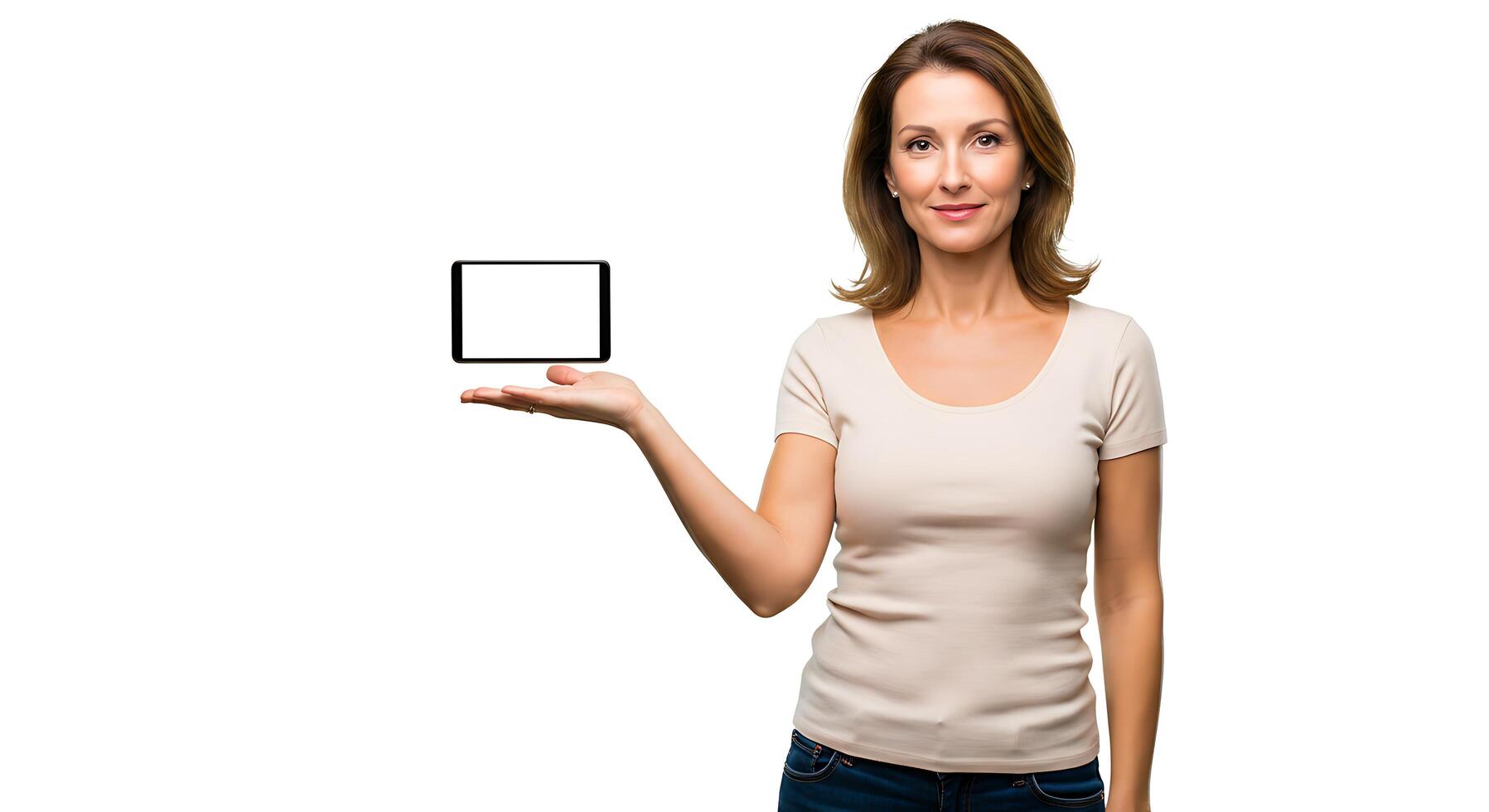 A woman holding up a blank square photo