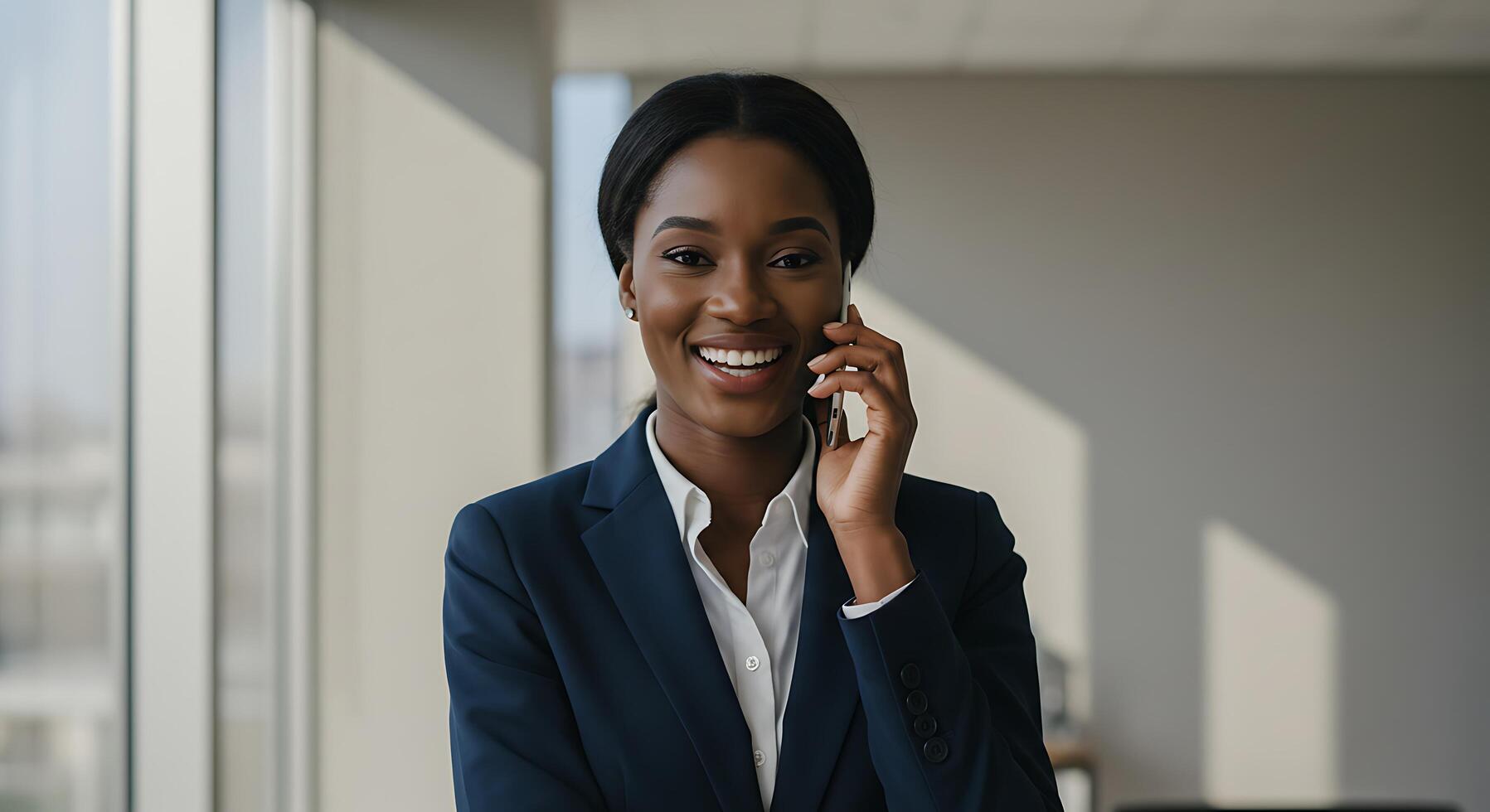 A smiling black woman in a business suit talking on the phone photo