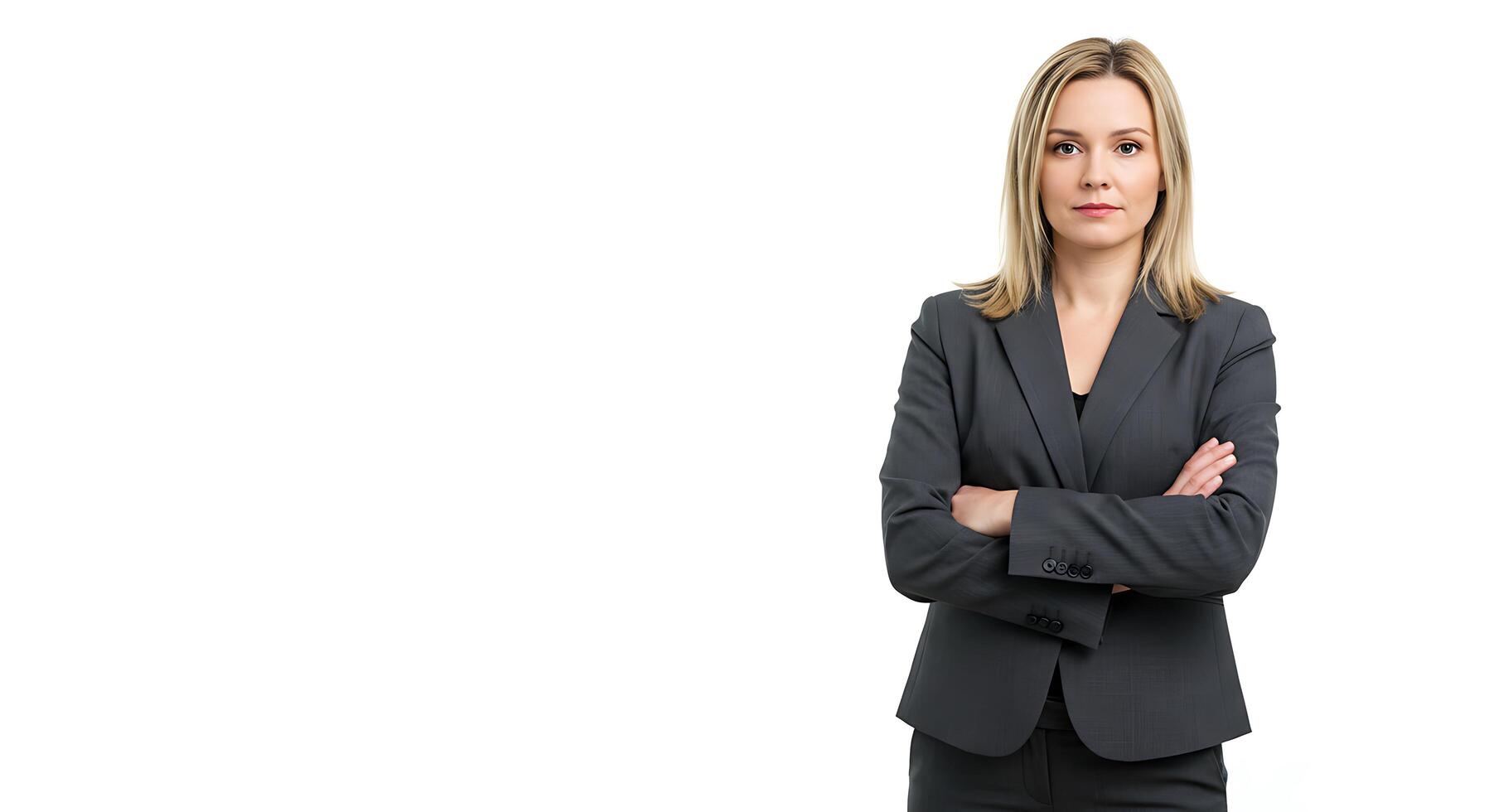 A woman in a business suit standing with her arms crossed photo