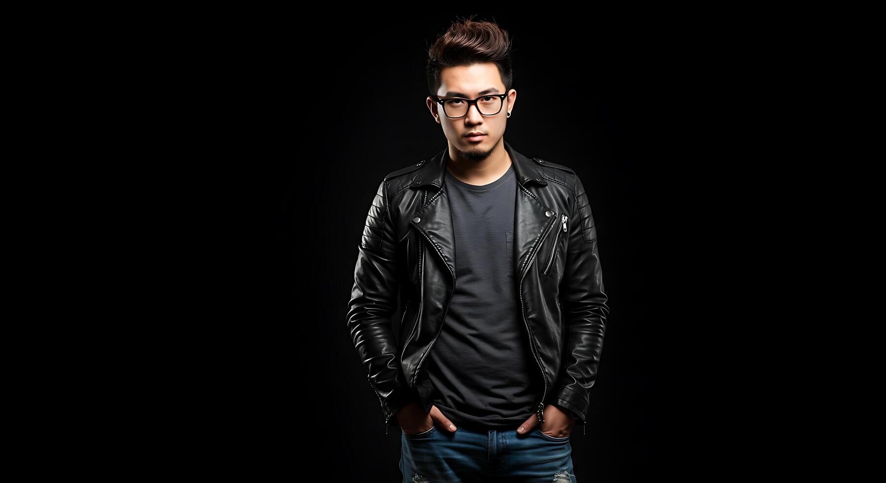 A man in a black leather jacket and jeans photo