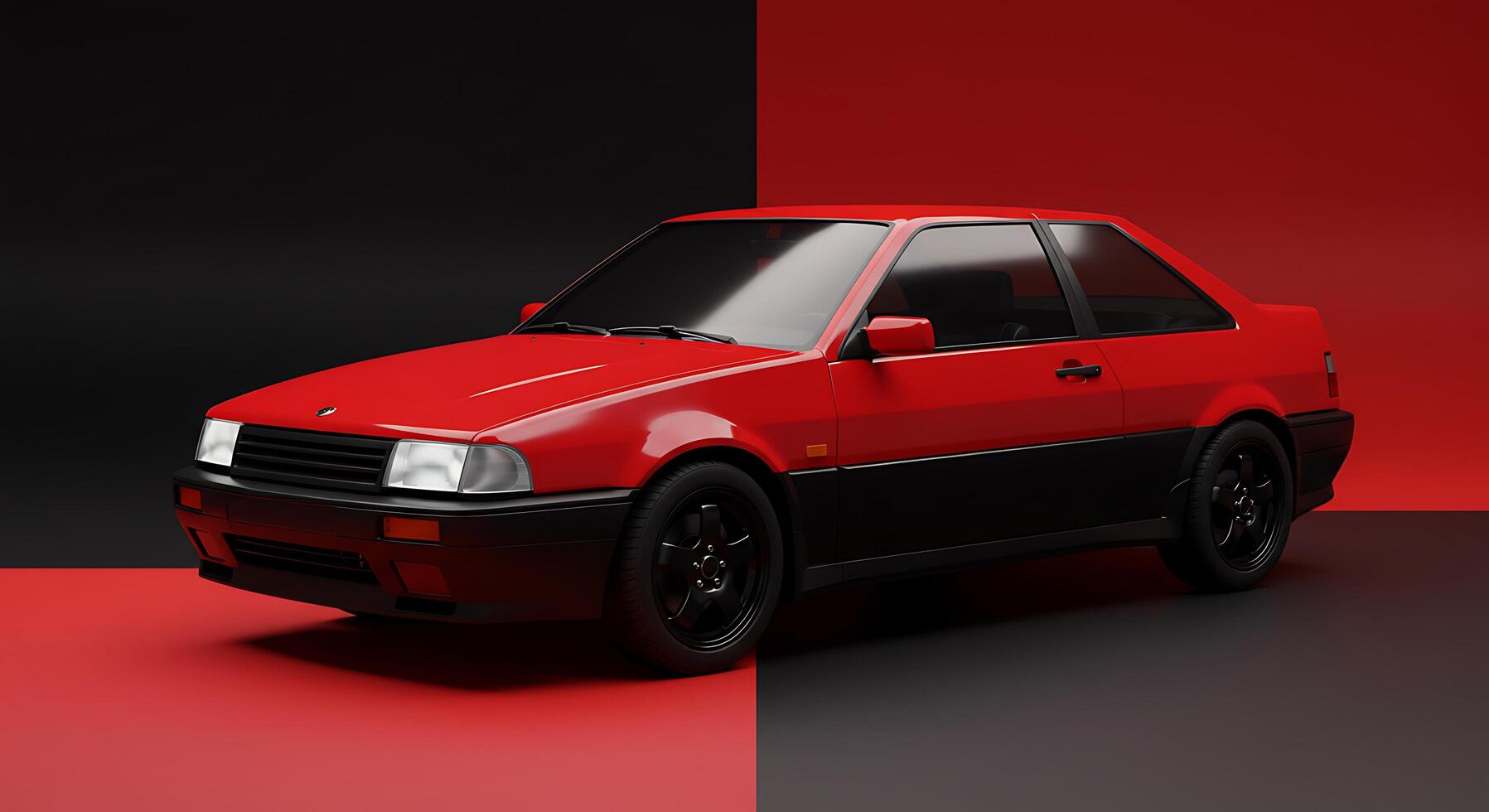 A red car is shown on a red and black background photo