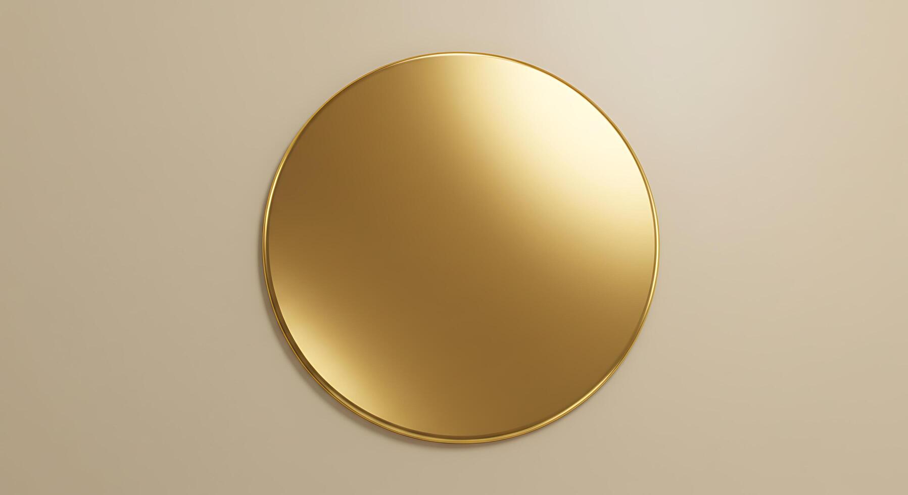 A gold oval mirror on a beige wall photo