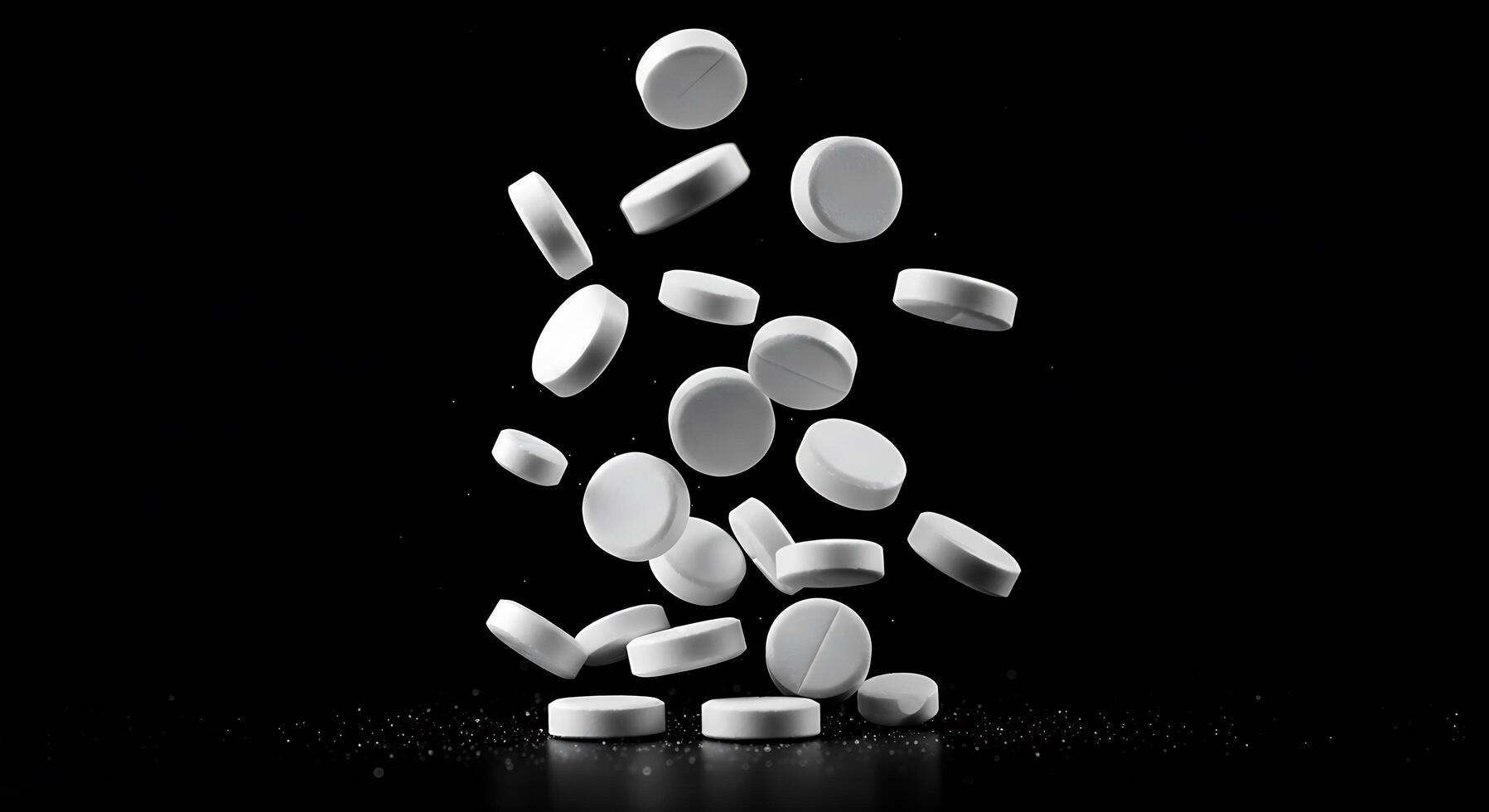 White pills falling from the air on a black background photo