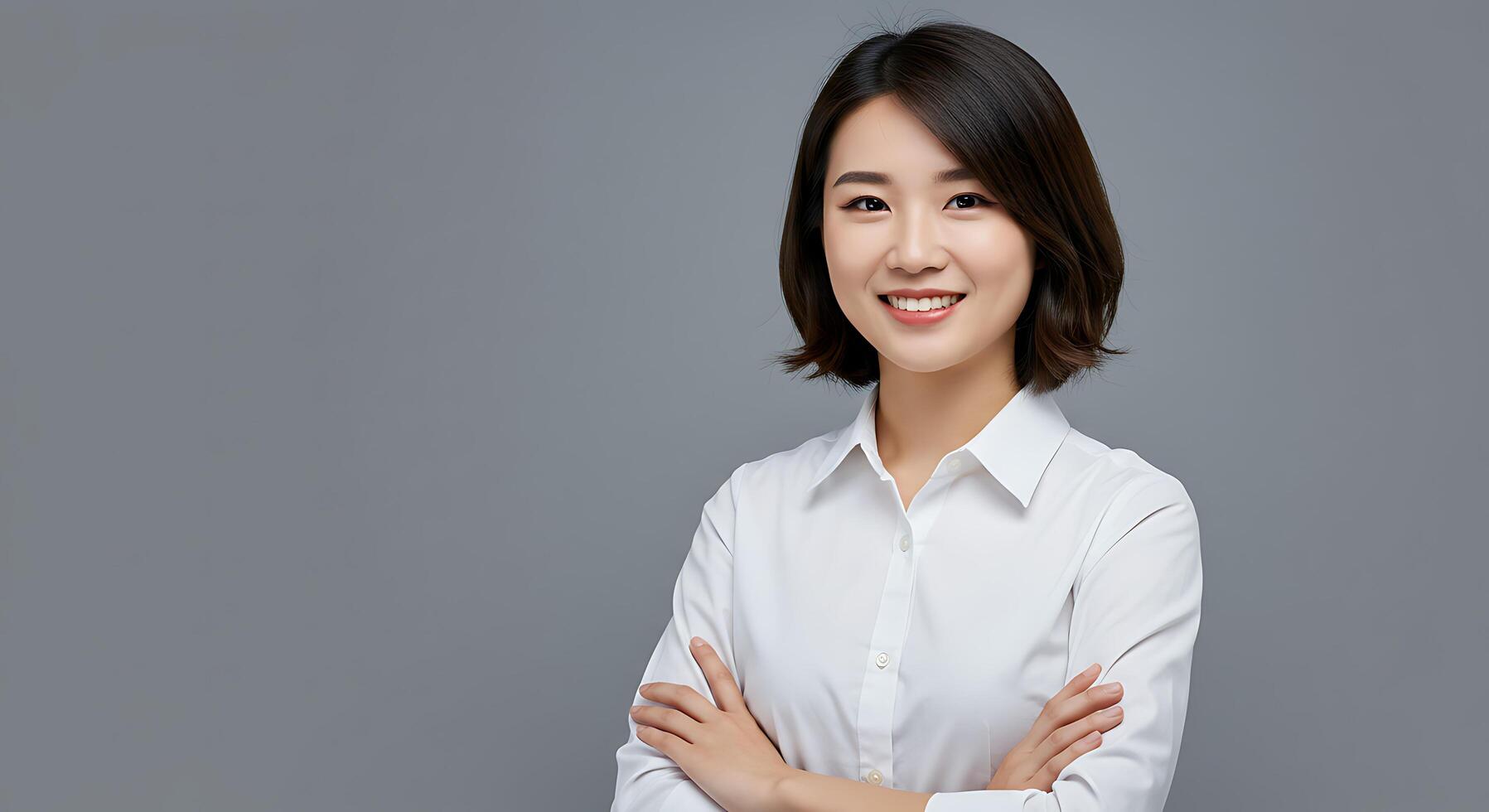 Asian business woman smiling with arms crossed photo