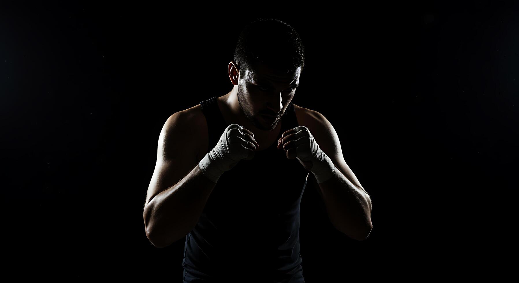 A man in a black tank top and boxing gloves photo