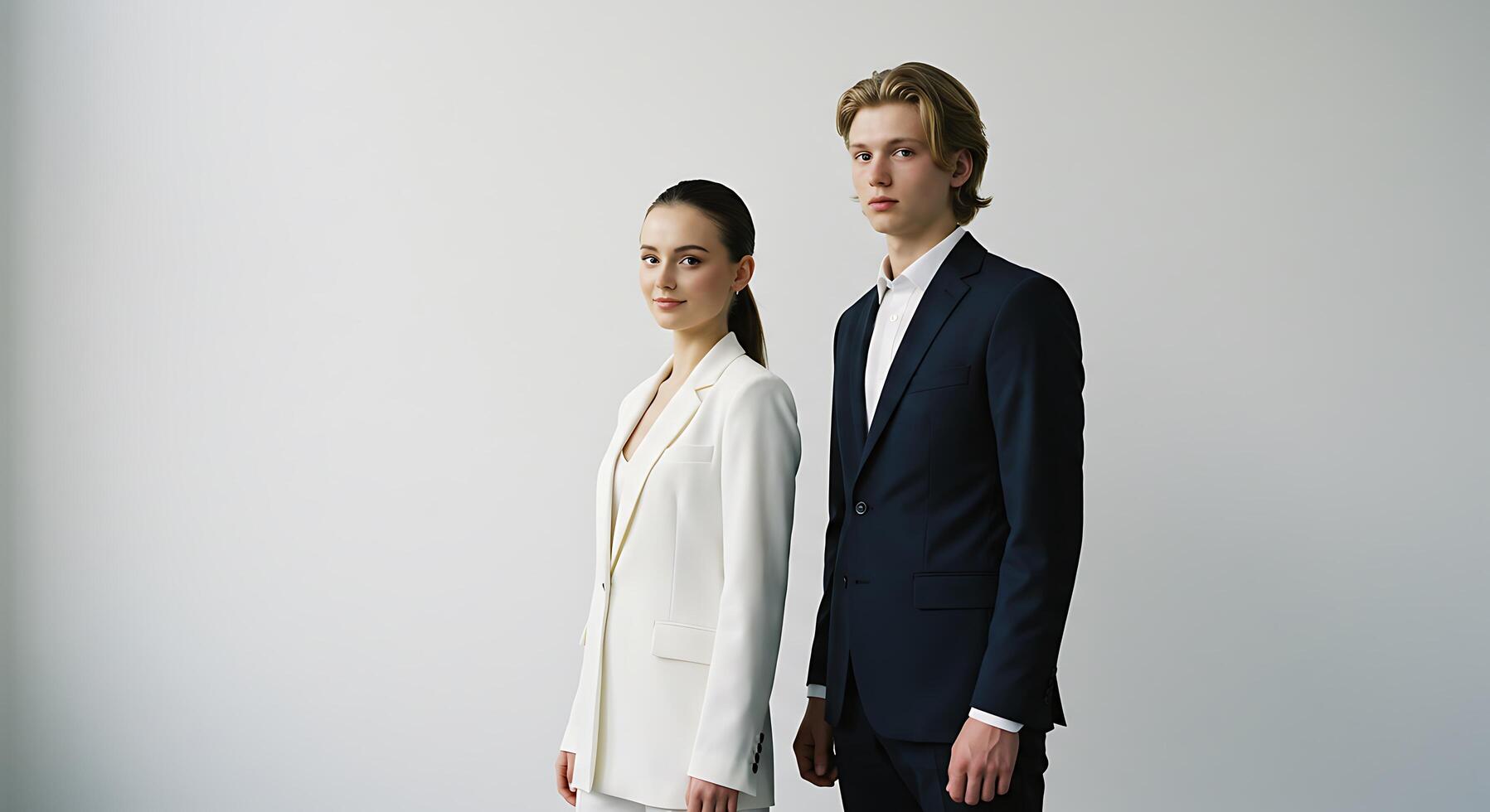 A man and woman in suits standing next to each other photo