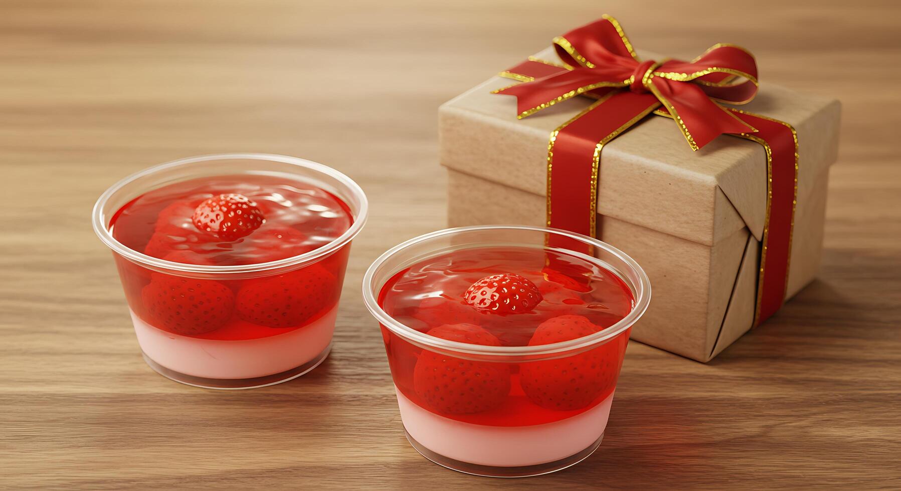 Two cups of strawberry jello with a gift box photo