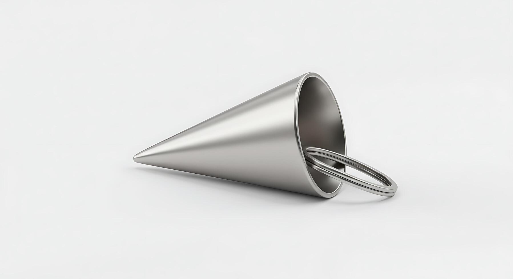 A silver cone shaped ring sitting on top of a white surface photo