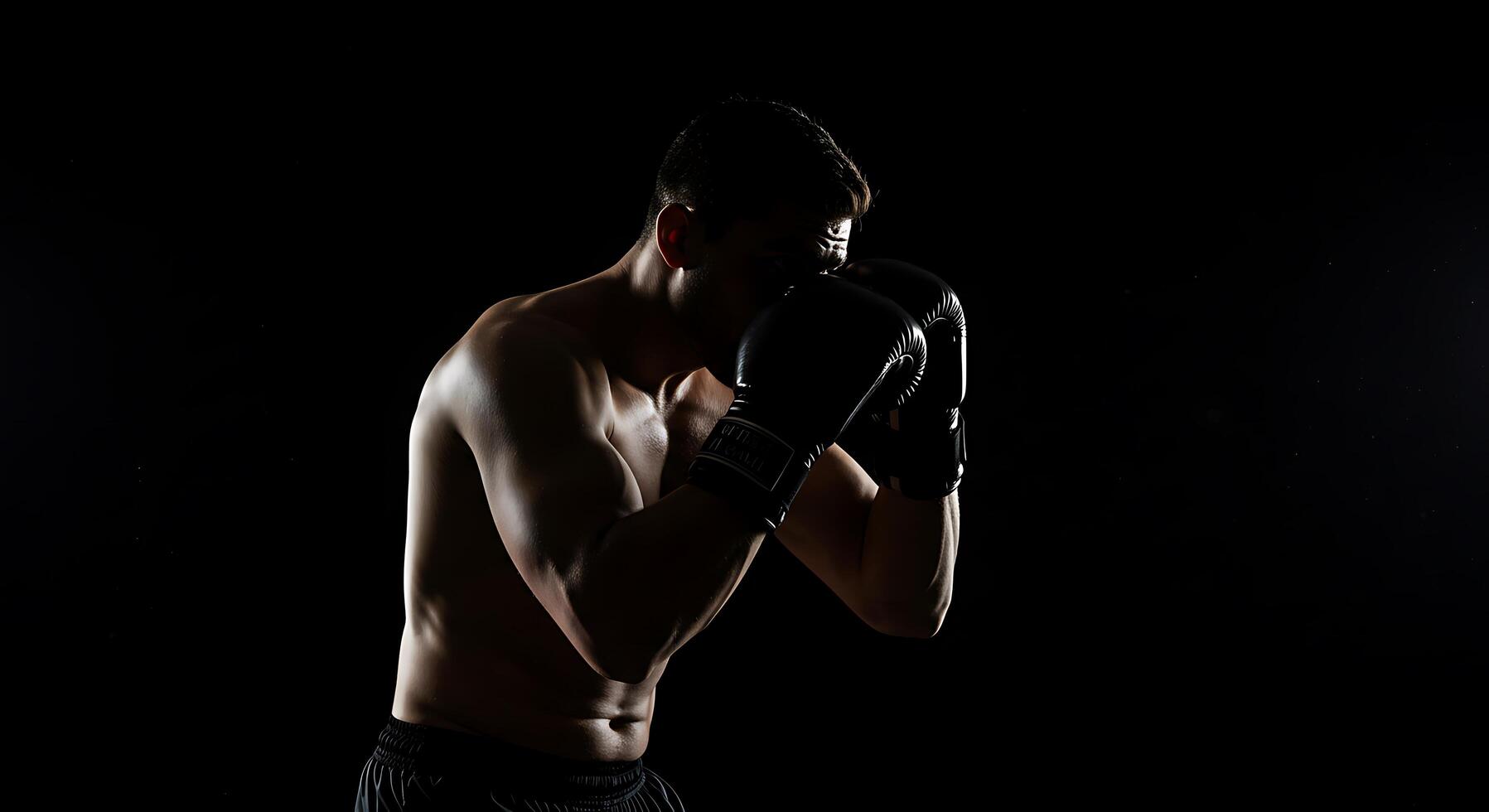 A man in boxing gloves is standing in the dark photo