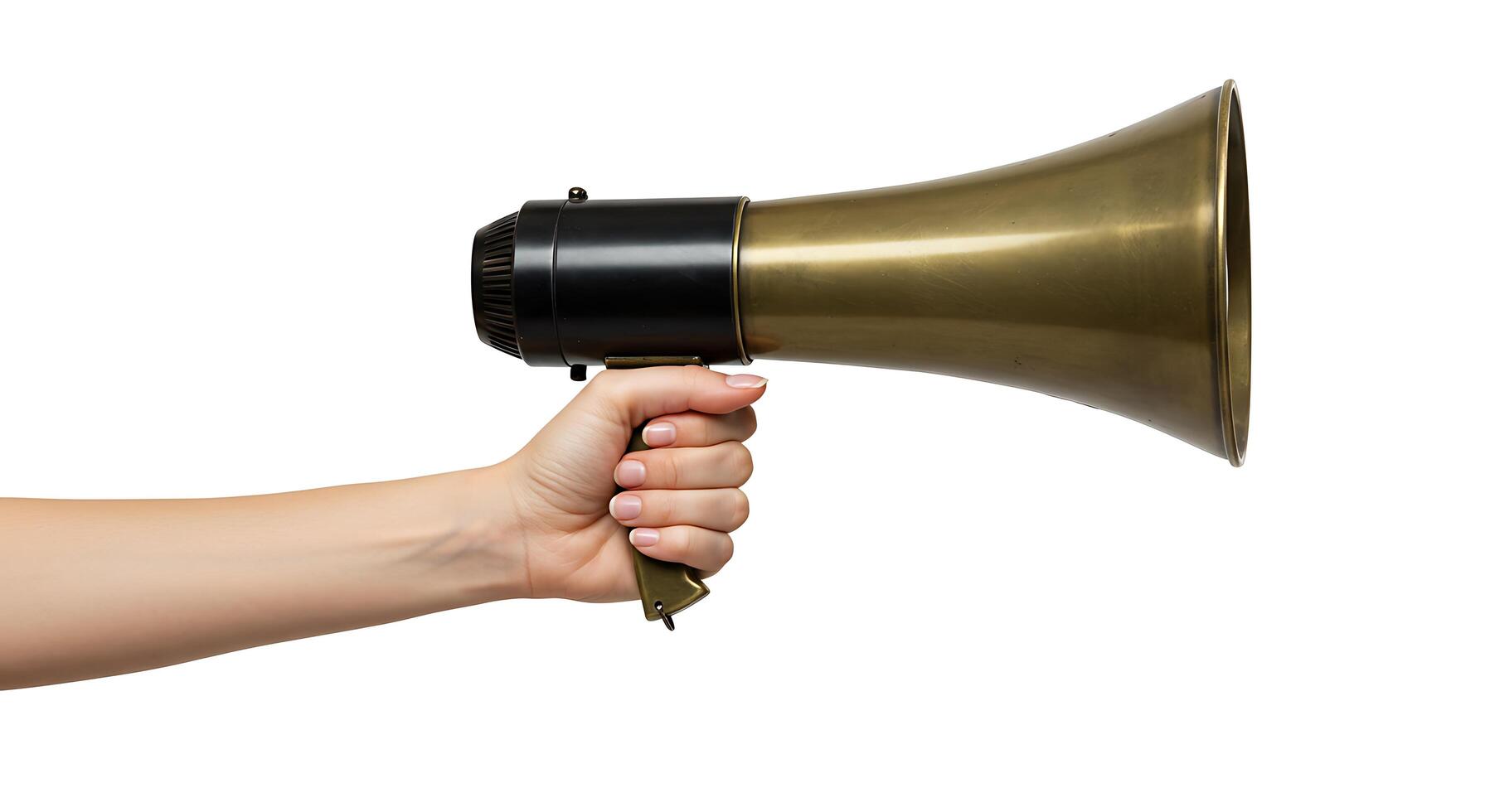 A person holding a large brass megaphone photo