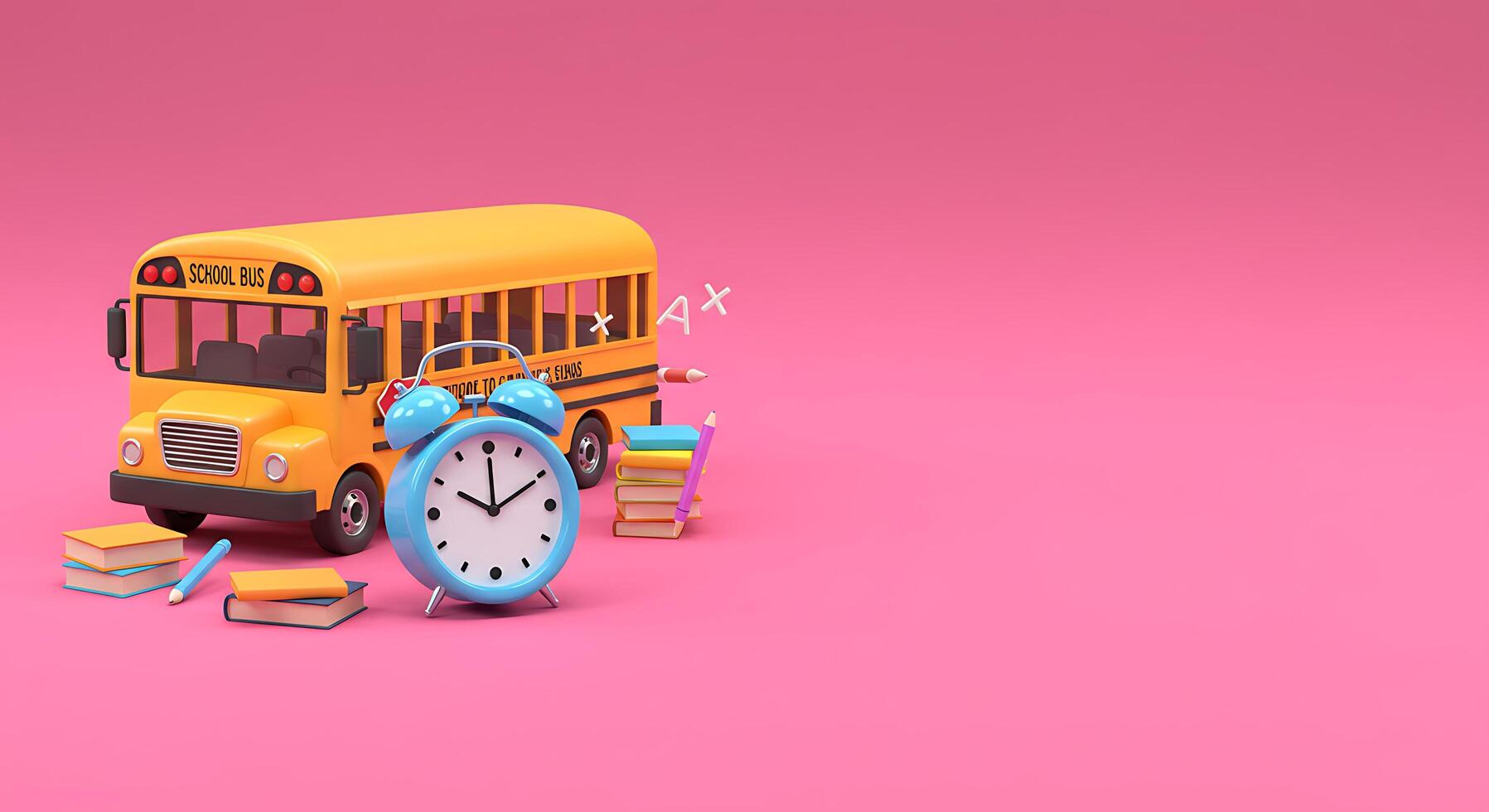 School bus and clock on pink background 3d render photo