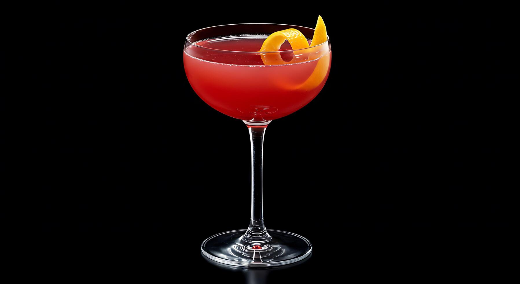 A red cocktail with an orange peel on the rim photo