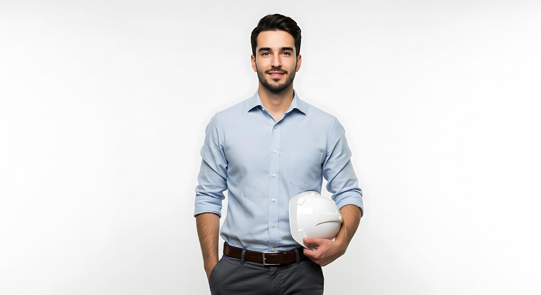 A man in a blue shirt and white hard hat photo