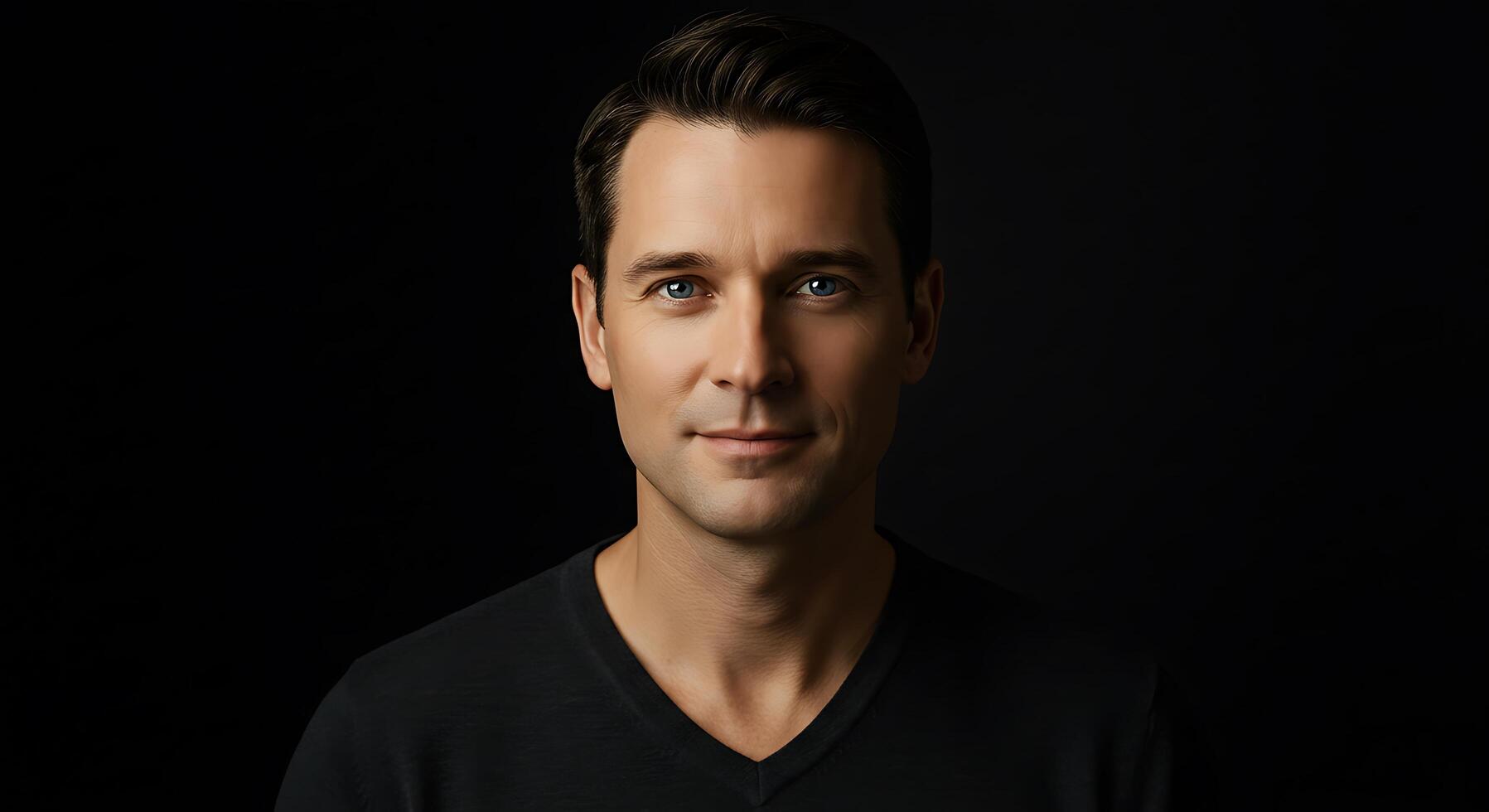 A man in a black shirt looking at the camera photo
