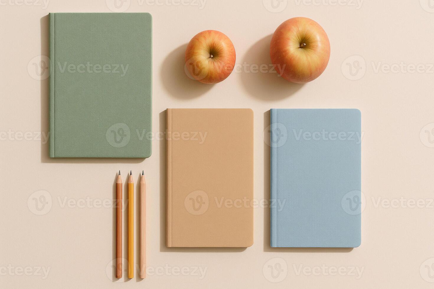 a notebook, pencils and an apple on a beige background photo