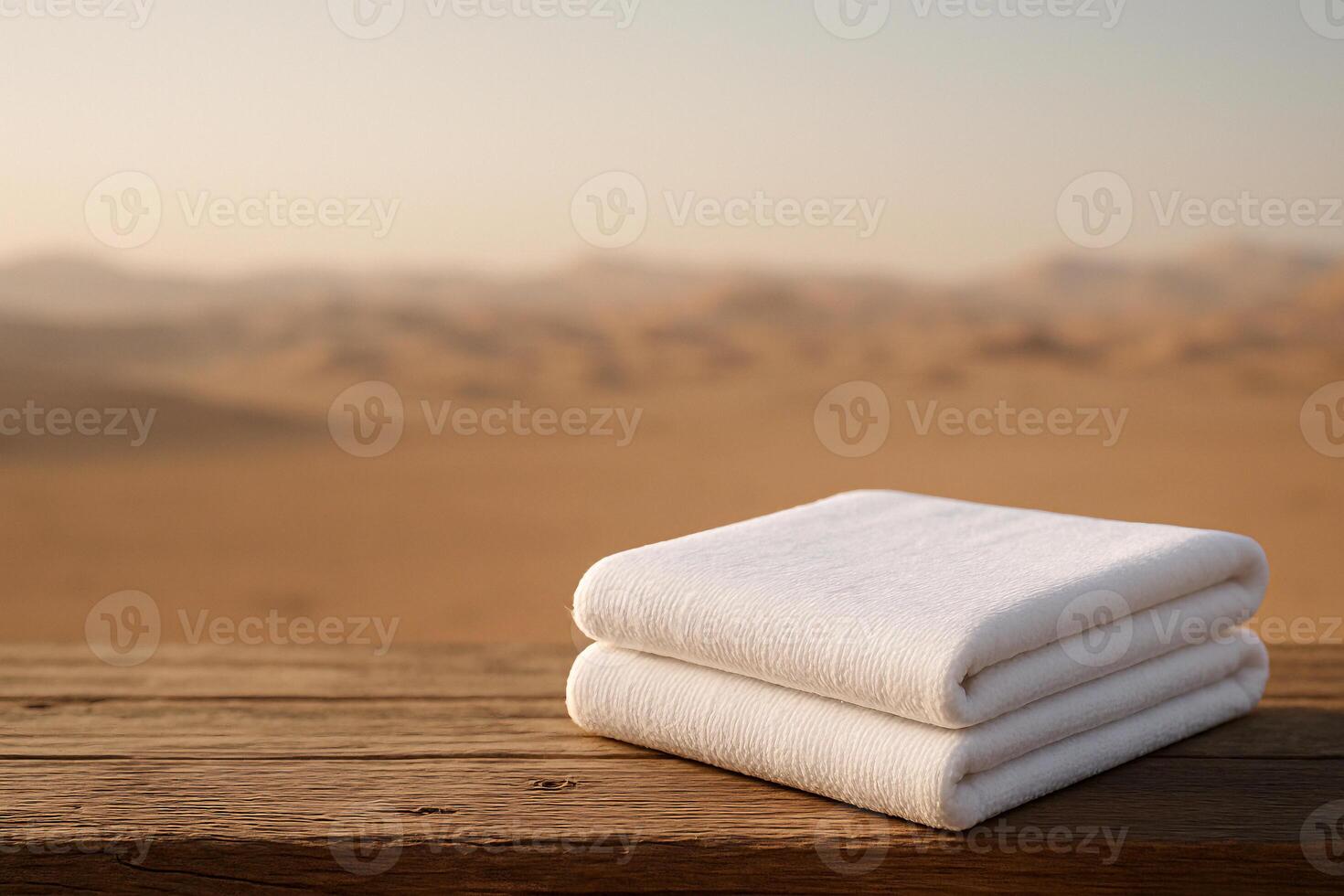 a stack of towels on a wooden table photo
