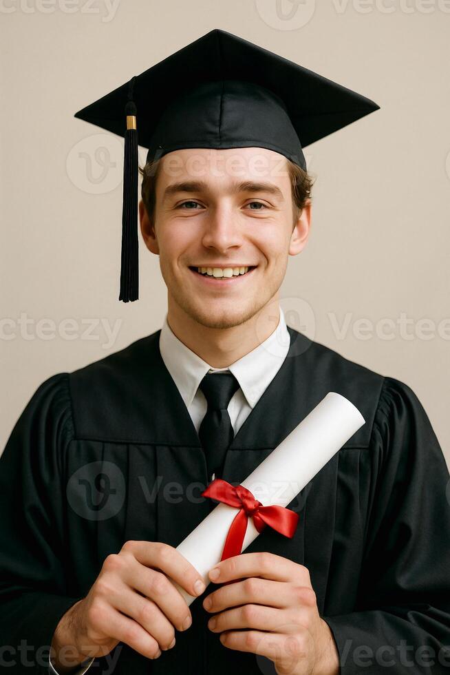 Happy Young Male Graduate Holding Diploma in Cap and Gown on Light Background photo