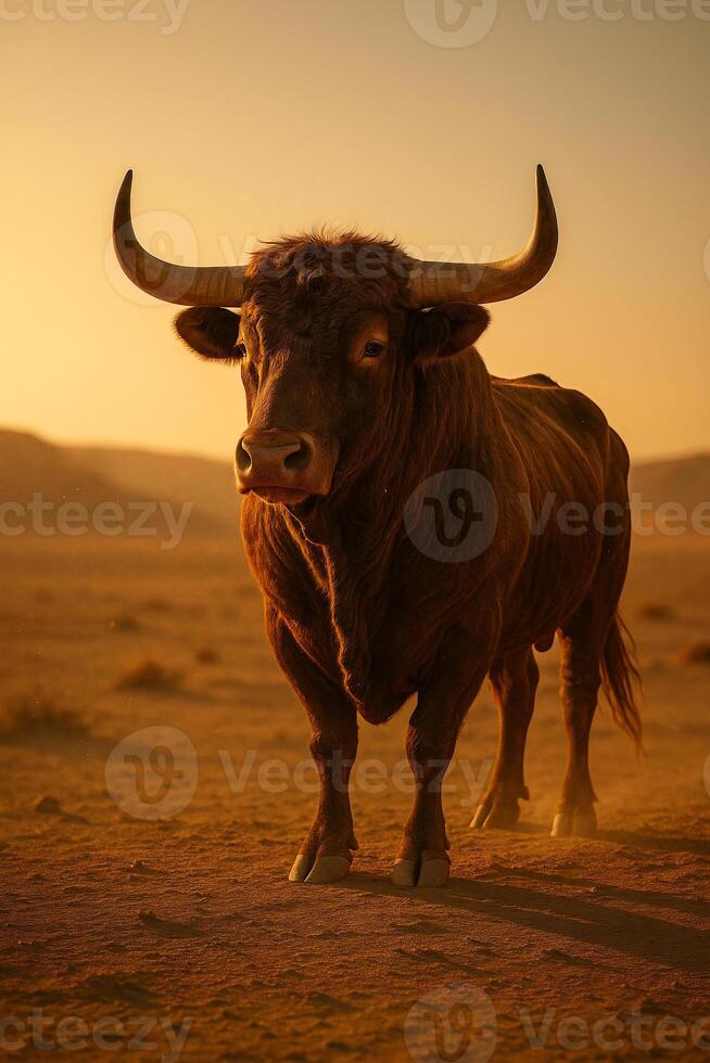 a bull standing in the desert at sunset photo
