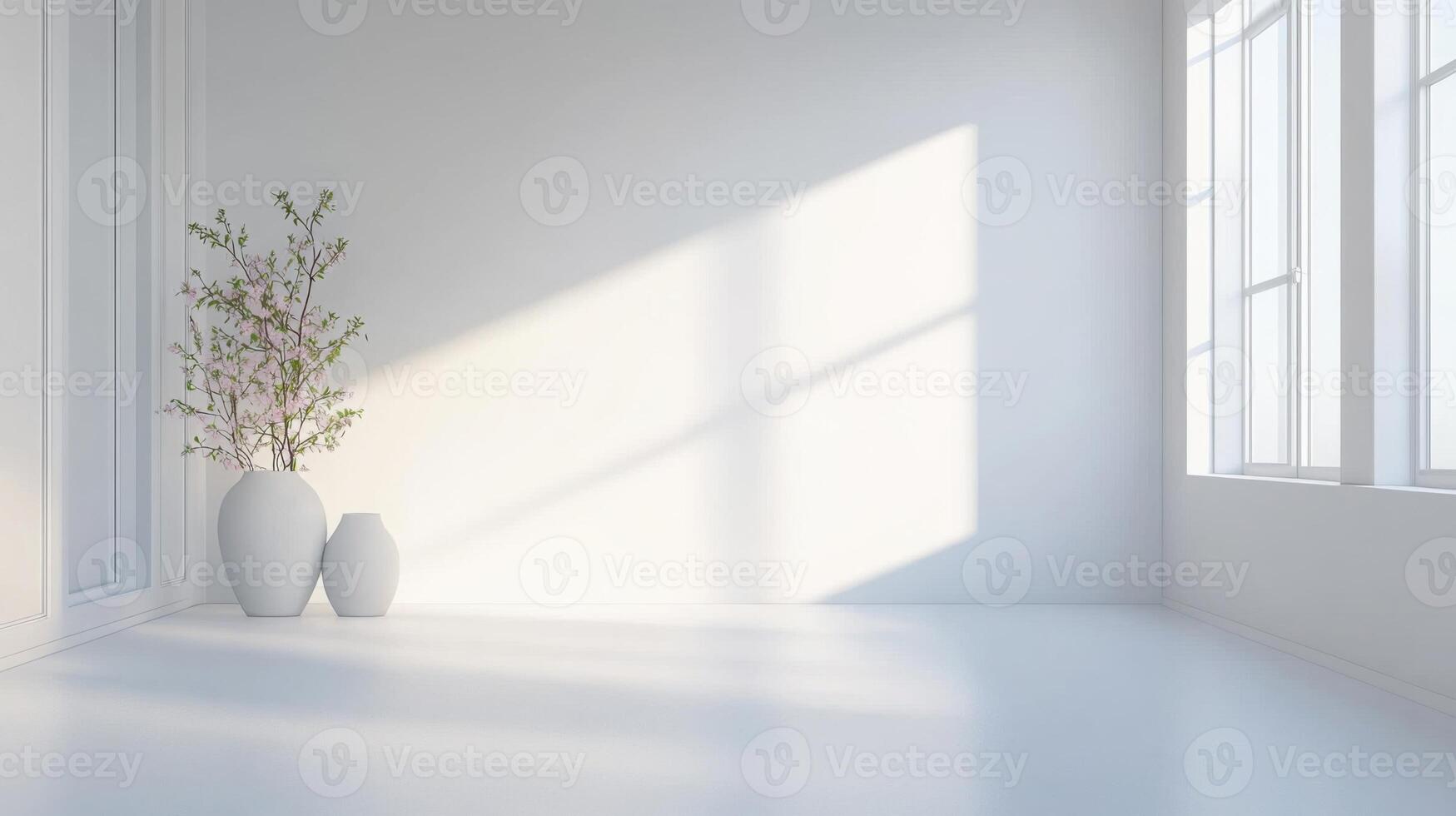 Light-filled modern interior with white walls and simple decor showcases tranquility and elegance in an open space photo