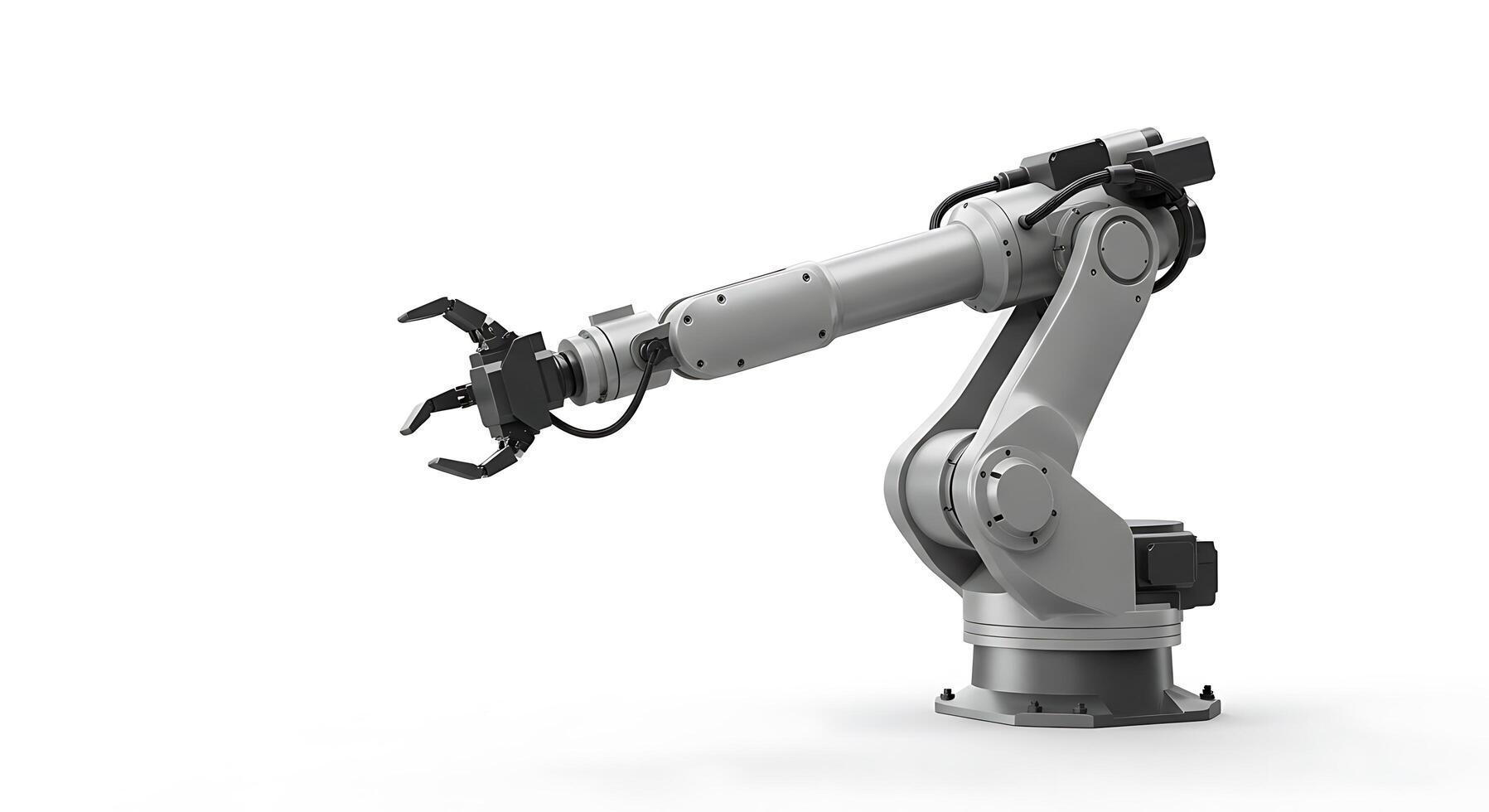 A robotic arm is shown on a white background photo