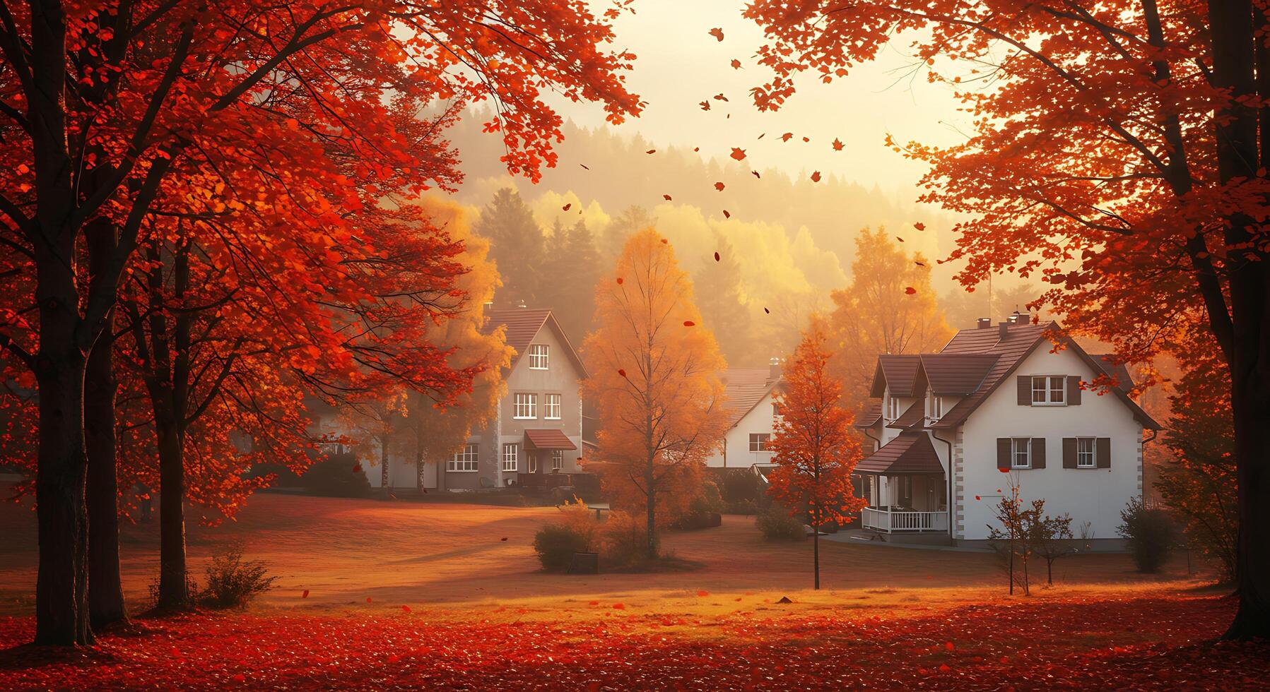 Autumn landscape with houses and trees in the background photo
