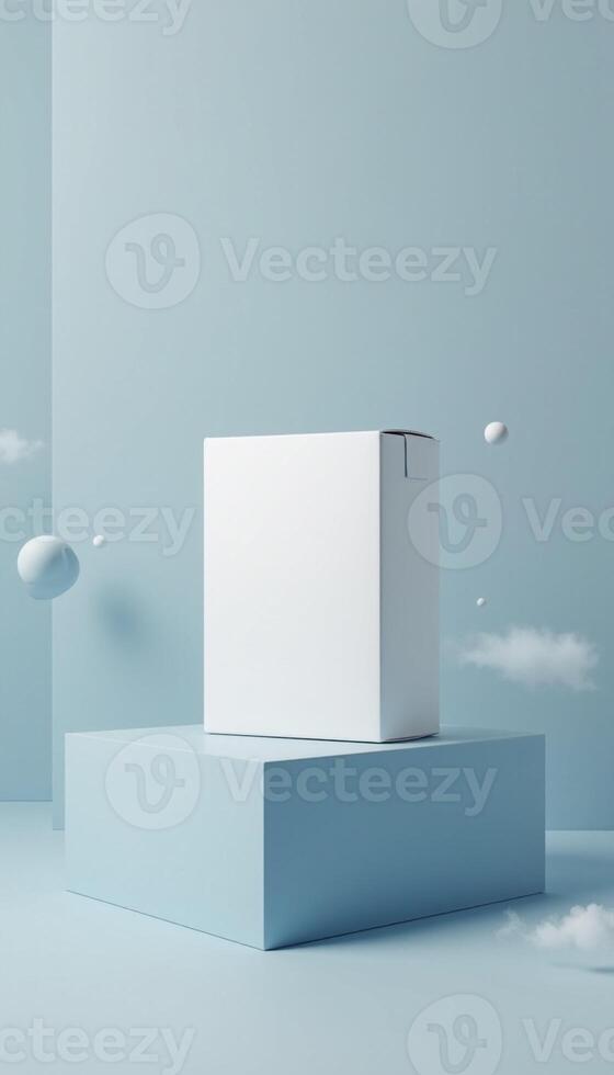 White box mockup on blue background with clouds 3d rendering photo