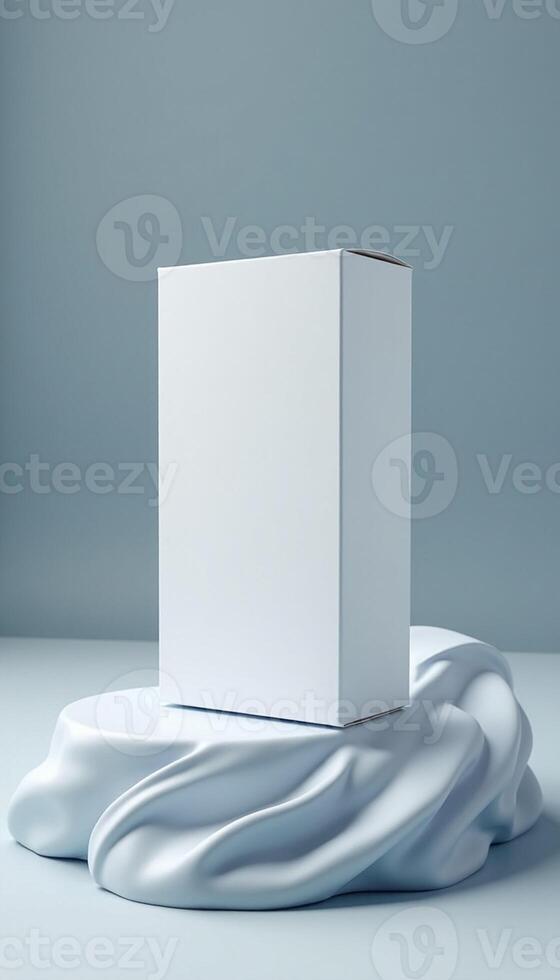 Vertical white product box on soft draped fabric photo