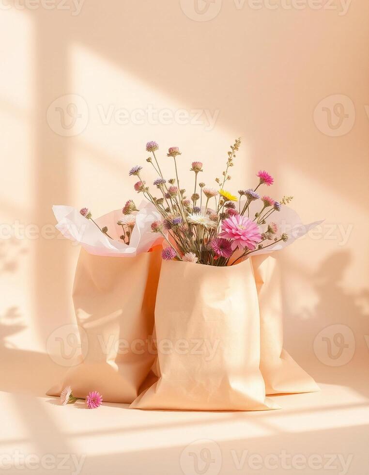 A bag of flowers sitting on a table with a window behind it photo
