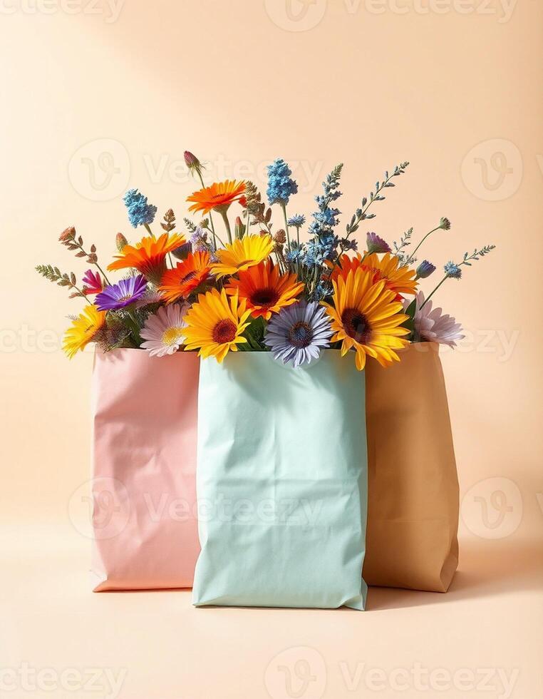 Colorful flowers in paper bags on a beige background photo
