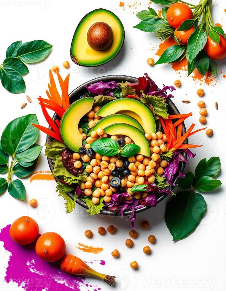 A bowl of vegetables and avocado with colorful leaves photo