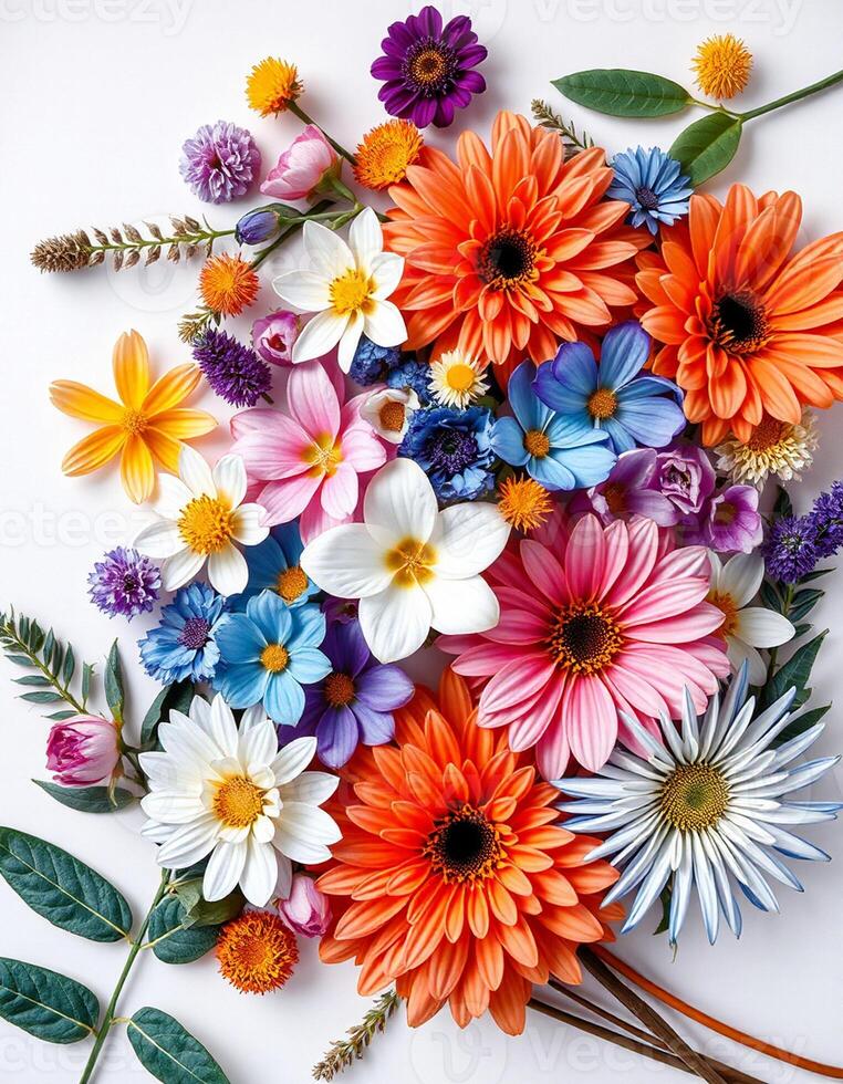 Colorful flowers arranged in a circle on a white surface photo