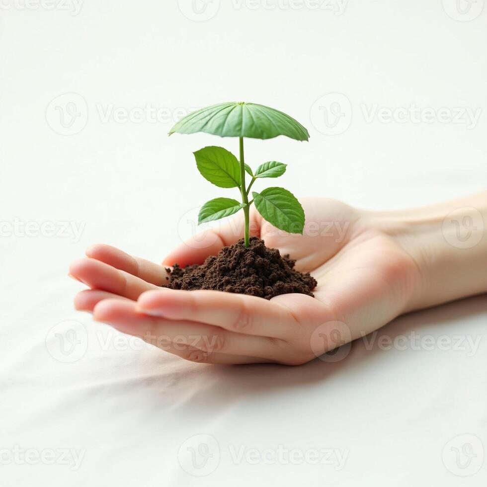 A hand holding a small plant with a green umbrella on it photo