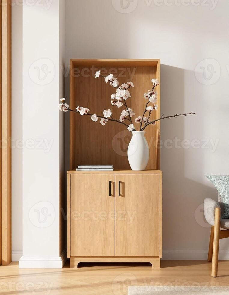 A living room with a wooden cabinet and a vase photo