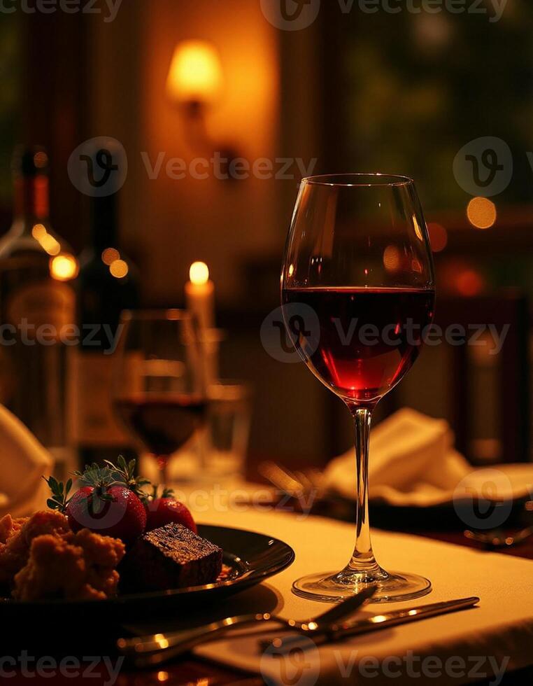 A table with a glass of wine and a plate of food photo