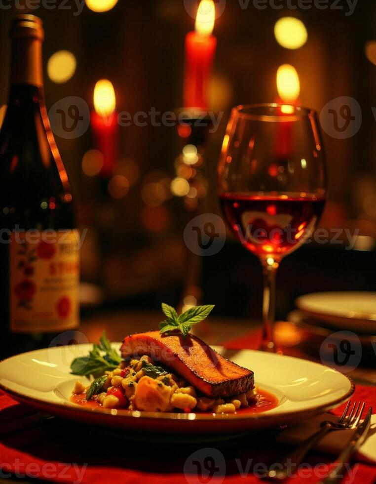 A plate of food with wine and a candle photo
