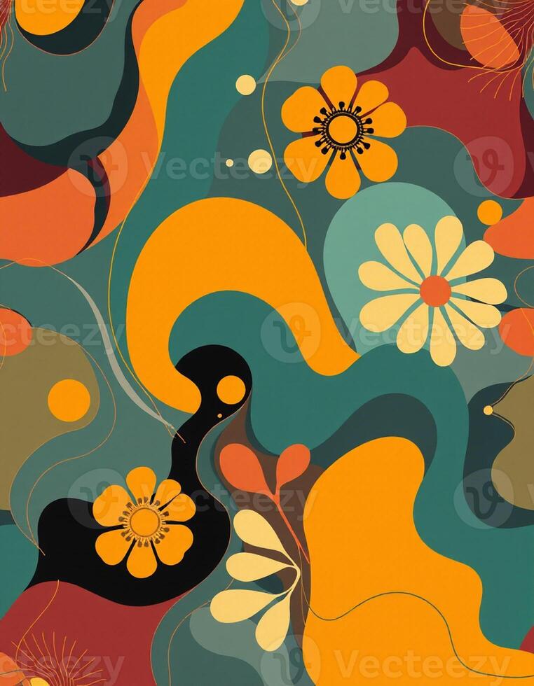 A colorful abstract pattern with flowers and leaves photo