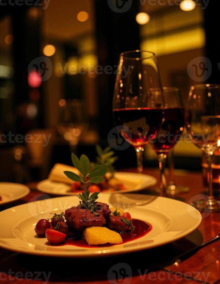 A table with a plate of food and wine glasses photo