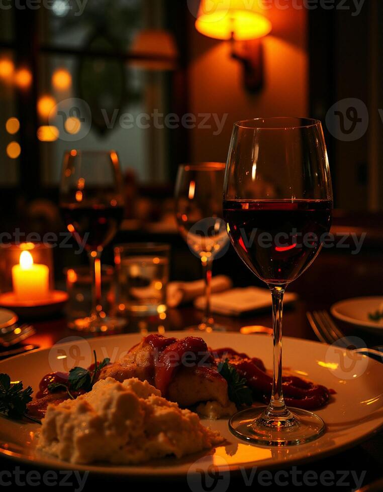 A dinner table with a plate of food and two glasses of wine photo