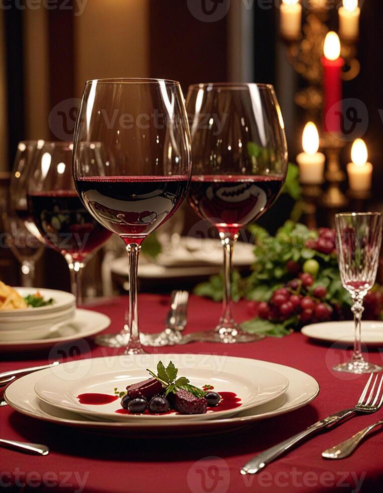 A table set with wine glasses and plates photo