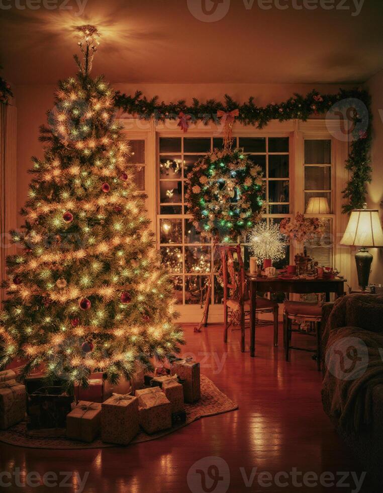 A christmas tree is lit up in a living room photo