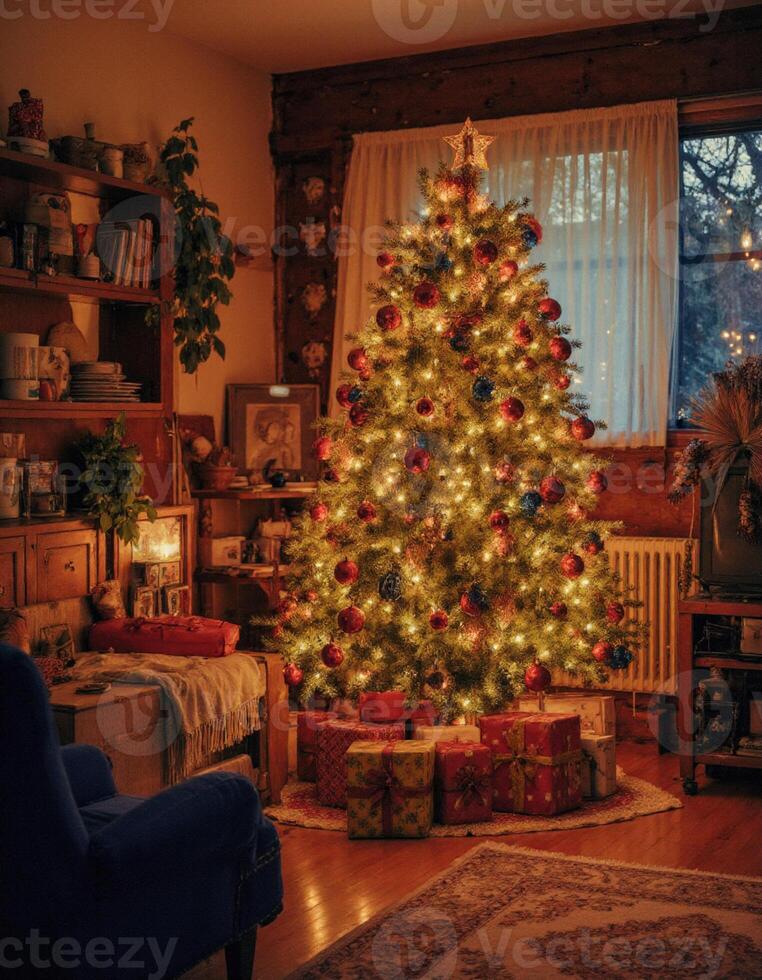 A christmas tree in a living room with presents under it photo